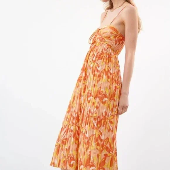 Zara Floral Pleated Groovy Patterned Tropical Vacation Midi Dress - Picture 1 of 6